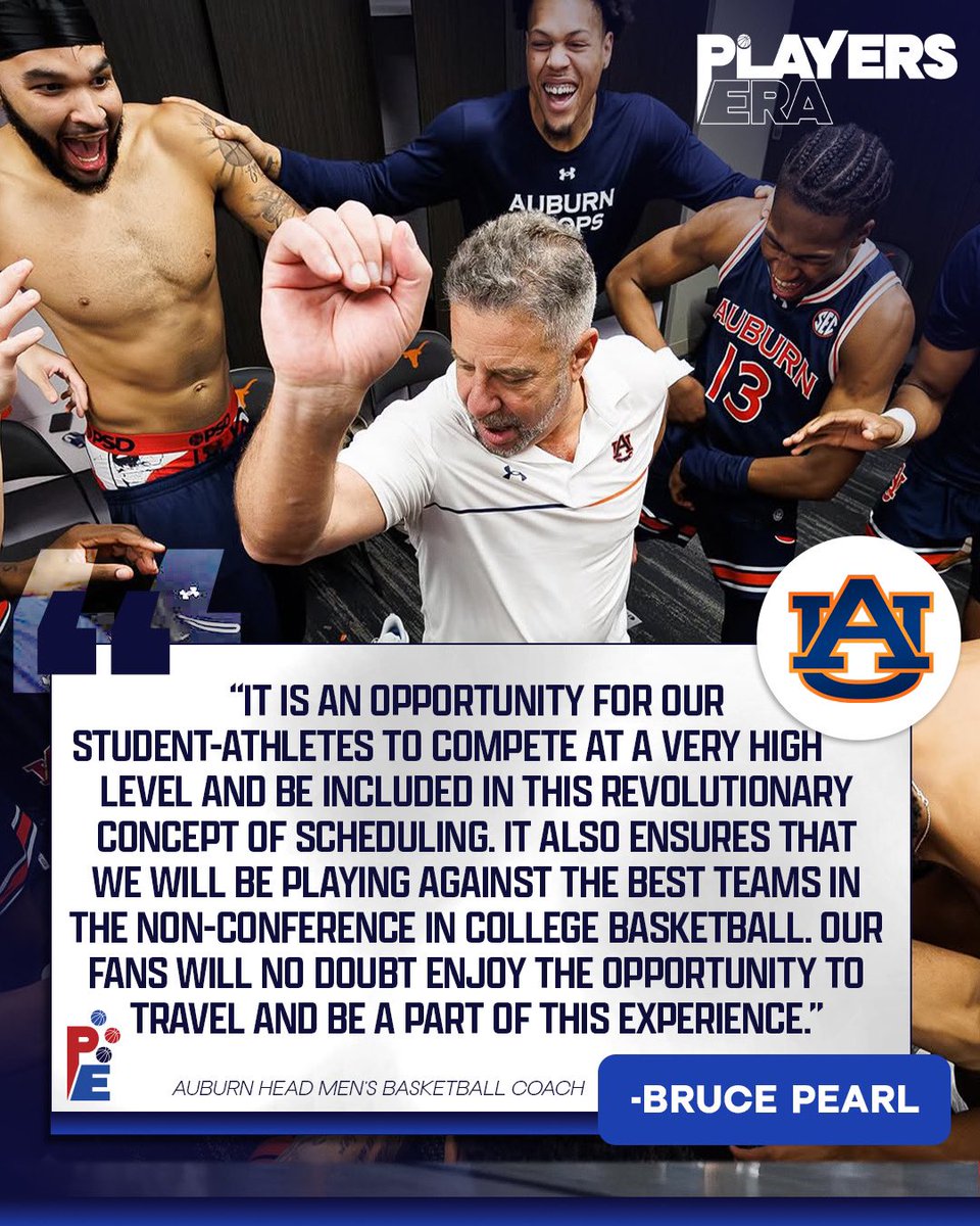 Players_Era's tweet photo. ANNOUNCEMENT: Auburn University will participate in the 2025 Players Era Men’s Championship ‼️🔒The nation’s #1 joins the best field in college basketball not named the NCAA tournament. Welcome to Players Era 2025!
#PlayersEraChampionship #EveryGameMatters #WitnessHistory https://t.co/4ueOIA7SE0