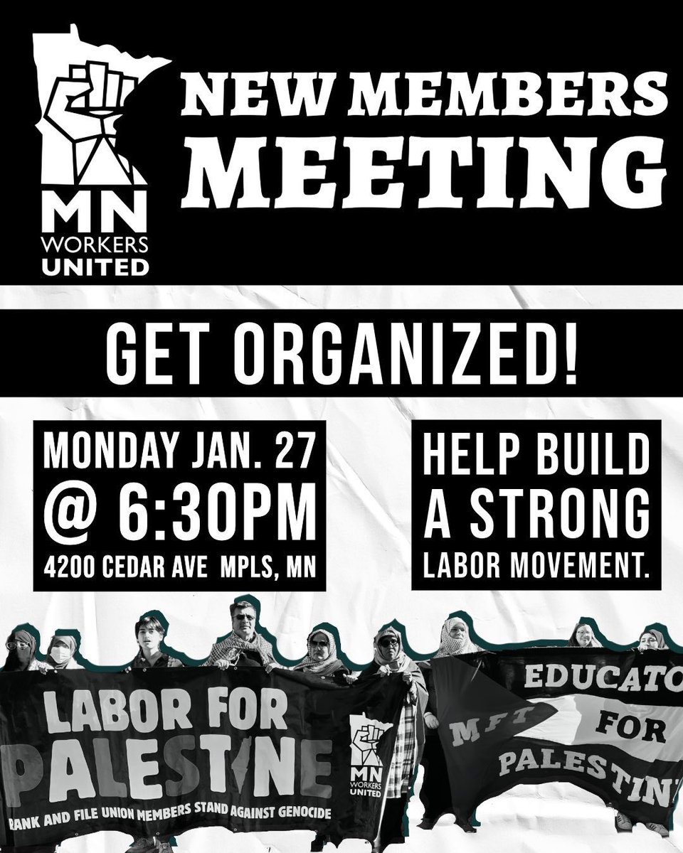 MNWorkersUnited's tweet image. New members meeting coming up this Monday! Come learn about our history as an organization and the work we do 🛠️

#labormovement #solidarity #UnionStrong #1u