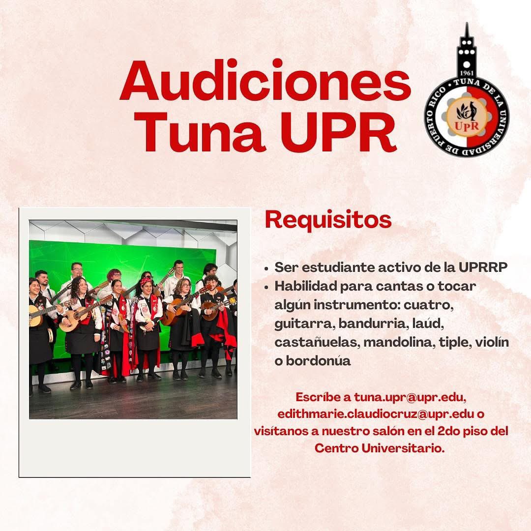 ¿Eres estudiante activo del Recinto de Río Piedras? 🐓

¿Tocas instrumentos de cuerdas o cantas?  🎸🎤

¡Esta es tu oportunidad! 
Escribe a tuna.upr@upr.edu

#aúpatuna #uprrp #vidadetuno #gallosyjerezanas #escueladevida #audicionaya #tunaupr