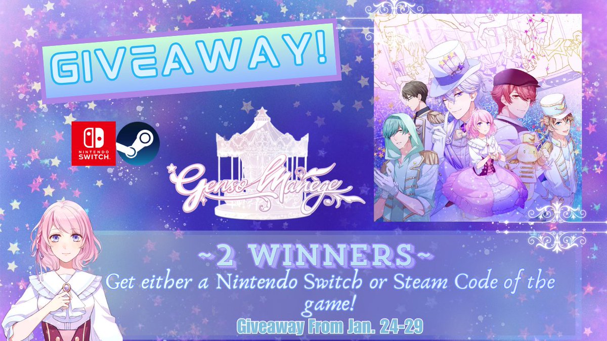 chlorokitty's tweet photo. 🎉OTOME GAME GIVEAWAY🎉

🎡Genso Manège🎡

Win either a Nintendo Switch or Steam code of the game! 
-2 WINNERS-

TO ENTER: 
✅Like
✅RT
✅Wishlist the game on Steam or the Eshop

Giveaway ends Jan. 29! OPEN to ALL!🌍 https://t.co/SwnSyWkOBb