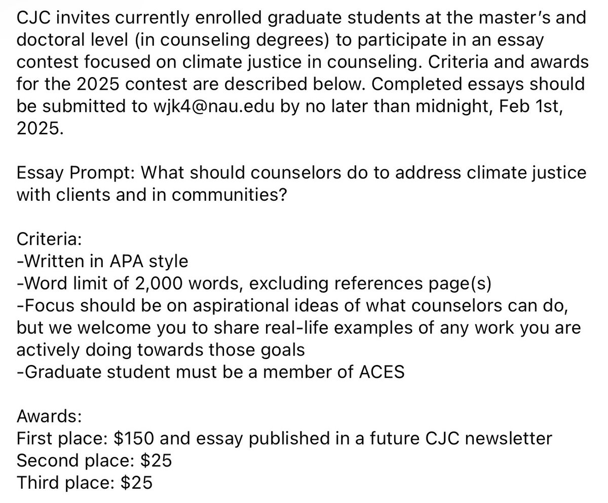 acesonlinenet's tweet photo. 🚨Attention counseling students!🚨 CJC invites currently enrolled  students to participate in an essay contest focused on climate justice in counseling. Completed essays should be submitted to wjk4@nau.edu by no later than midnight, Feb 1st, 2025. https://t.co/U6zp5rUb1b