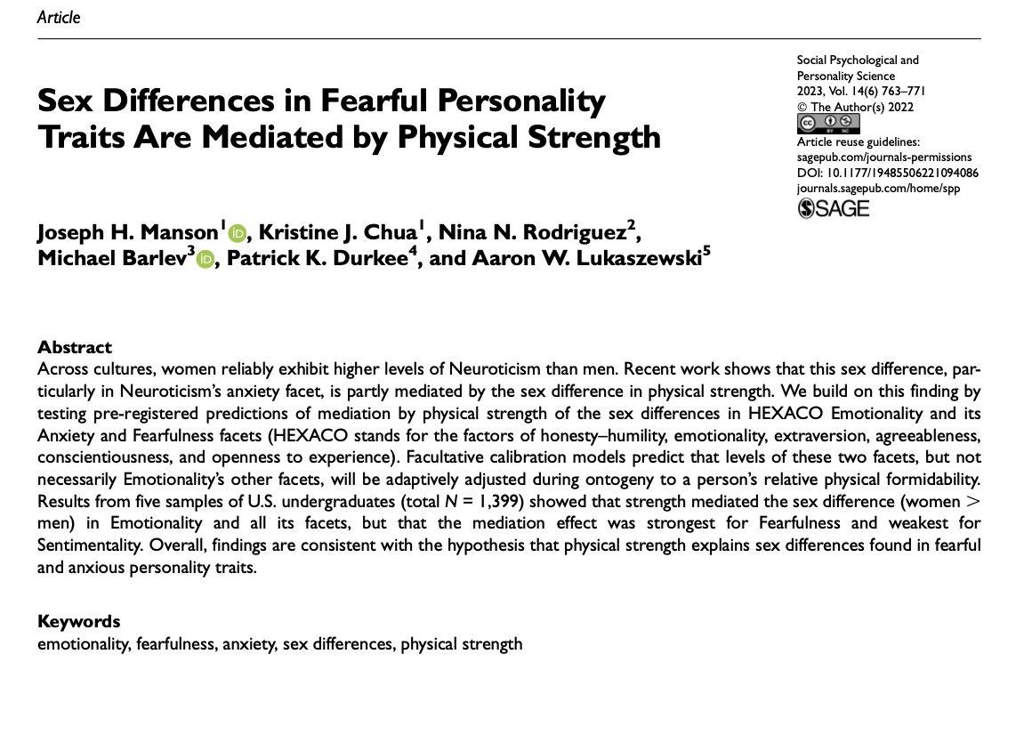 Why are WOMEN higher in NEUROTICISM?

(Across cultures, they are.)

Pre-reg'd tests in the US suggest the answer is, in part: 

PHYSICAL STRENGTH (women = less 💪)

The sex difference in 💪 partially mediates the sex dif in Neurot* 

*Really HEXACO Emotionality, esp. FEARFULNESS