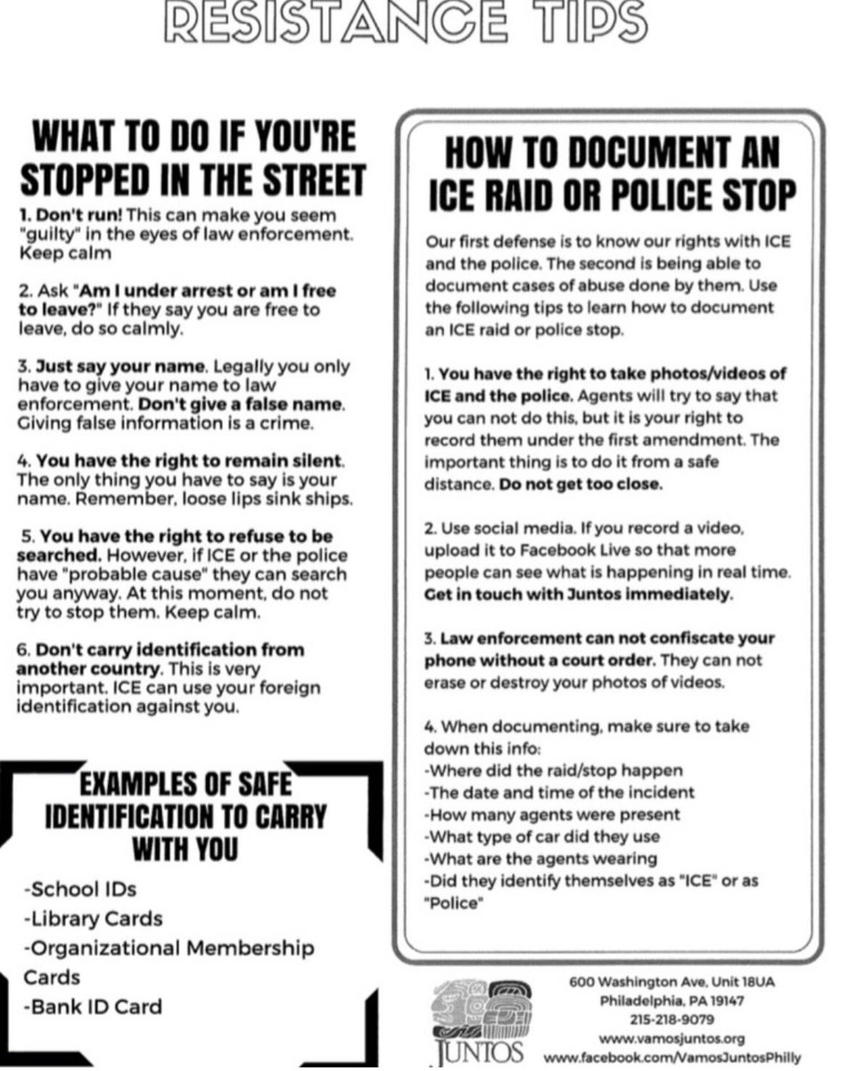 NewPennsylvania's tweet photo. #repost from @KendraPHL and resources from @Vamos_Juntos_
Staying alert is good, but organized solidarity is essential.
Understanding your rights helps to overcome fear.
Thank you Councilmember Kendra Brooks for sharing this.
#ElectionsHaveConsequences #WhenWeVoteWeWin https://t.co/wscjNodeEa