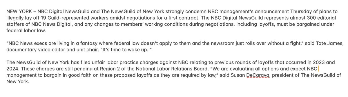 New: NBC Digital NewsGuild and NewsGuild of New York condemn plans to lay off staff at the network