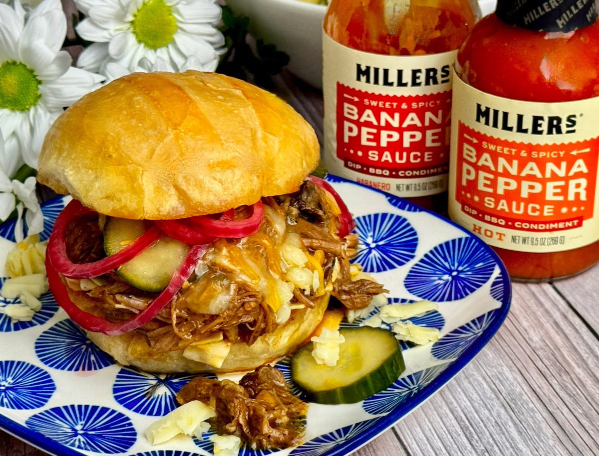 dishblock's tweet image. Are you ready for some football?🏈... And all of the deliciousness that comes with it?  My Root Beer and Banana Pepper Pulled Pork Palooza is perfect for game day and brings the perfect sweet heat  thanks to the Miller's Banana Pepper Sauces!!  And, yes, I said Root Beer!!  Let…