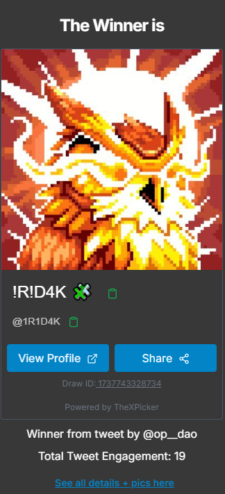 op__dao's tweet photo. @ChicDudesBTC Congrats @1R1D4K you won!
Draw ID: 1737743420036 
thexpicker(.com)
please DM to claim your WL https://t.co/YCZvJe6mxW