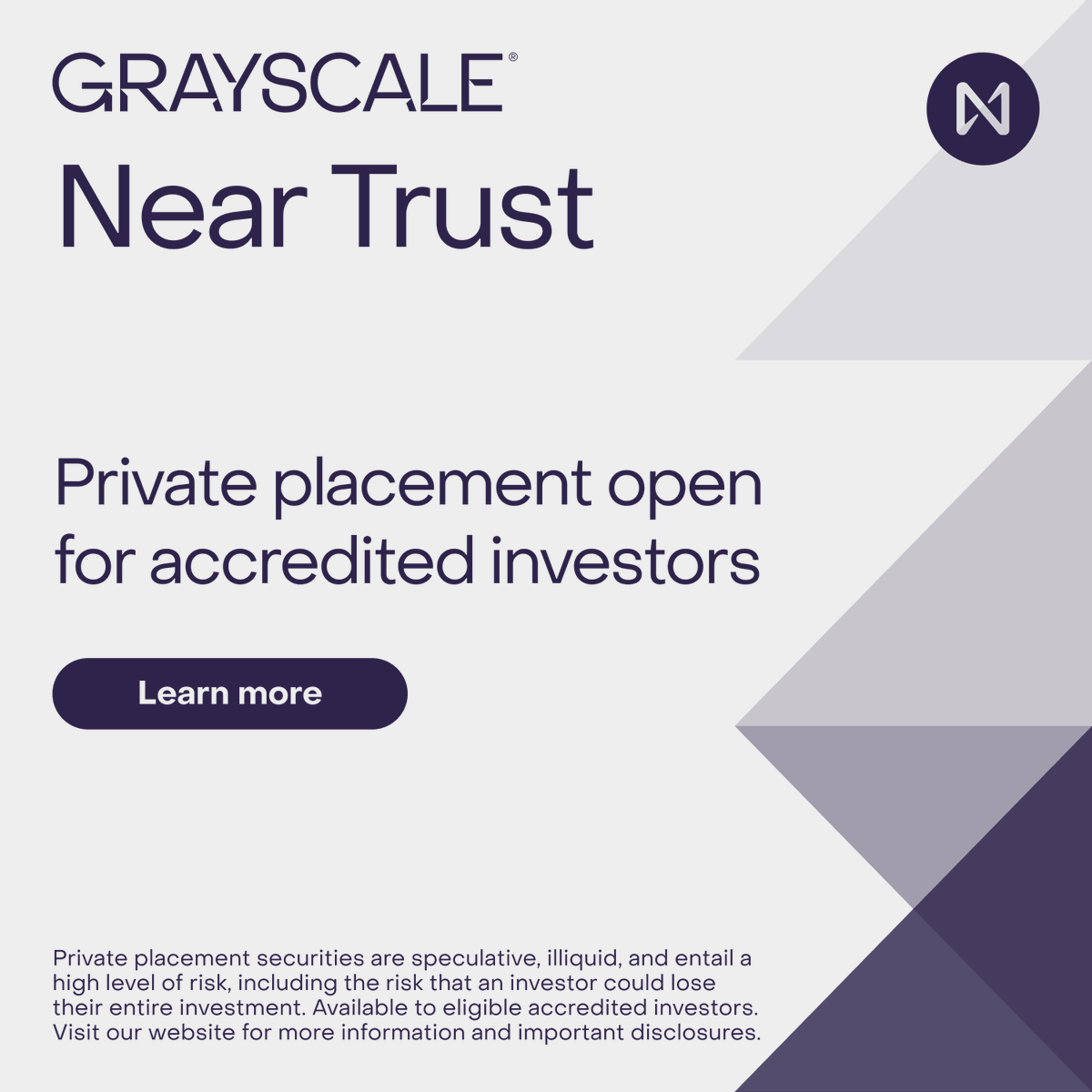 Grayscale NEAR Trust offers investors exposure to $NEAR without the hassle of buying, storing, or safekeeping it directly.

Open for private placement for eligible accredited investors.

Learn more, see important disclosures, or reach out to us: grayscale.com/crypto-product…
