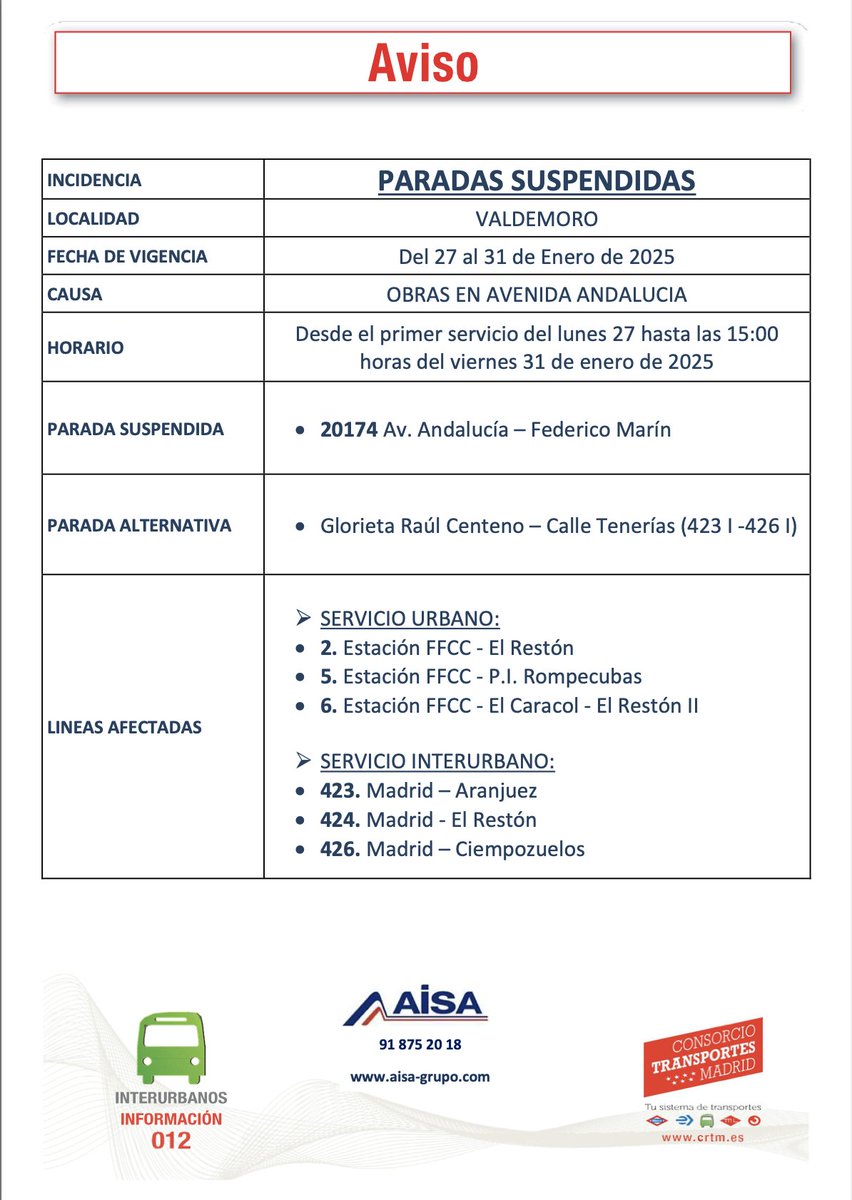 Ayto_Valdemoro's tweet photo. ⚠️🚧🚌⛔️ ¡ATENCIÓN! CORTES DE TRÁFICO Y DESVÍOS DE AUTOBUSES POR OBRAS EN LA AVD. DE ANDALUCÍA. Del 27 al 31 de enero, para reparar el hundimiento de calzada a la altura del nº 17. Se cortará del carril sentido Aranjuez, entre Federico Marín y Pozo Chico. https://t.co/oaqRWH41Qx https://t.co/B26bGHKG26