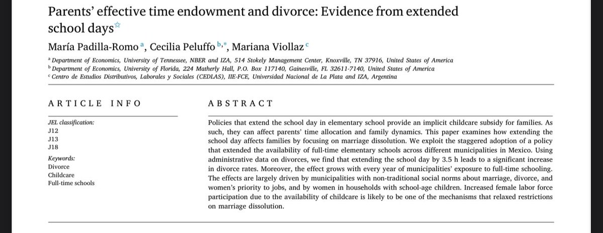 MaraPadillaR's tweet photo. Check out our new publication with Cecilia Peluffo and @ViollazMariana on the effects of extending the school day on divorce! The availability of full time schools ⬆️ divorce, especially in areas with non traditional social norms. 

https://t.co/DHQJOXkSuP https://t.co/KbmfbuFWLI