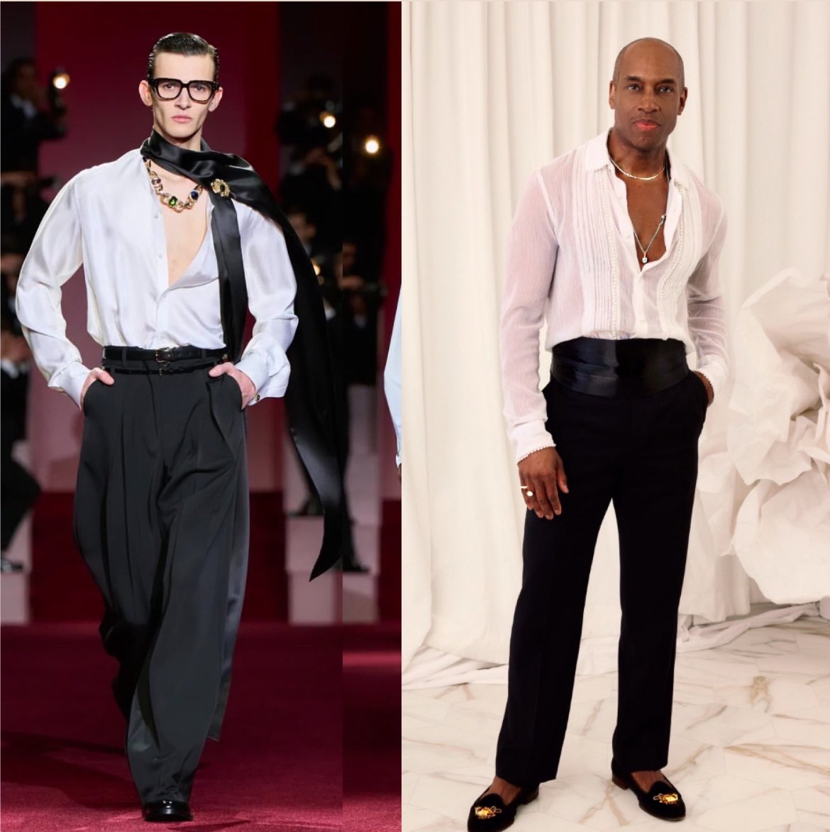 patrickhere's tweet image. Dolce vibes? Spotted a look from @dolcegabbana’s AW25 Milan runway, reminded me of my red carpet moment at  @gurusmagazine awards in LA last Nov. I loved this collection—who wore it best? #ClassyDapper #PatrickHazlewood #AW25 #Moda #DolceAndGabbana #RunwayToRedCarpet #Menswear