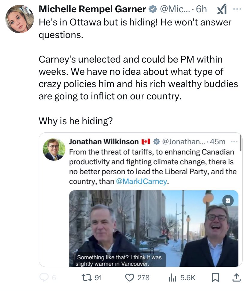 In other words, the Conservatives are upset because Carney won’t give them the time a day. The media either. Because he knows all they’re looking for is info to trash him about. Btw, I don’t recall Poilievre releasing a platform in over 2 years either, Michelle.