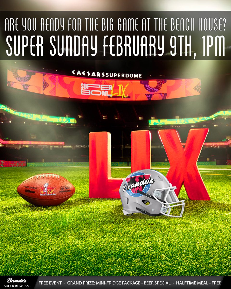 Are you ready for The Big Game at The Beach House?
Super Sunday February 9th we'll have all the action on our big screens and surround sound, hosted by Dj mTwo!
This year's grand prize package includes a Mini-Fridge package and more!
This is a COMPLETELY FREE EVENT!

#Brantford