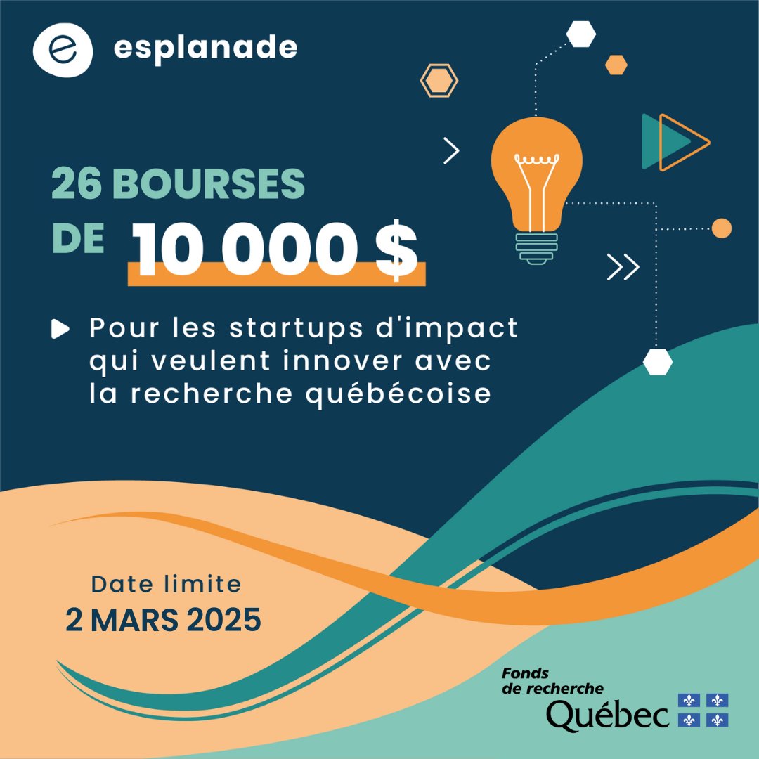 Esplanade Québec (@esplanadeqc) on Twitter photo Candidatez à la 3e édition du programme Science impact, qui offre des bourses de 10 000$ à des startups s'alliant à la recherche!
Avec les <a href="/FRQS1/">FRQ - secteur Santé</a>, <a href="/FRQSC/">FRQ - secteur Société et culture</a> et <a href="/FRQ_NT/">FRQ - secteur Nature et technologies</a>, on vous invite à (re)découvrir l'initiative et à déposer votre dossier par ici: bit.ly/4h73Rqd Candidatez à la 3e édition du programme Science impact, qui offre des bourses de 10 000$ à des startups s'alliant à la recherche!
Avec les <a href="/FRQS1/">FRQ - secteur Santé</a>, <a href="/FRQSC/">FRQ - secteur Société et culture</a> et <a href="/FRQ_NT/">FRQ - secteur Nature et technologies</a>, on vous invite à (re)découvrir l'initiative et à déposer votre dossier par ici: bit.ly/4h73Rqd