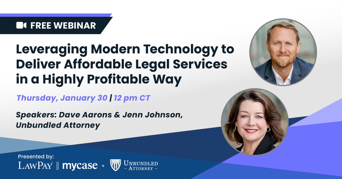 MyCaseInc's tweet photo. LawPay 🤝 MyCase 🤝 Unbundled Attorney

Join us on January 30 at 12 PM for a webinar where Dave Aarons will share how modern tech can help you offer affordable, high-quality legal services, especially with the help of MyCase tools and the LawPay suite.

🔗 https://t.co/G0DsLiozNU https://t.co/aBnk5FzYEl