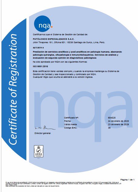 Patólogos Especializados S.A.C, nuestro Laboratorio especializado en Anatomía Patológica y Patología oncológica, hemos certificado recientemente el ISO 9001: 2016. Felicitamos desde la Gerencia el esfuerzo de nuestro equipo y agradecemos la confianza de nuestros pacientes