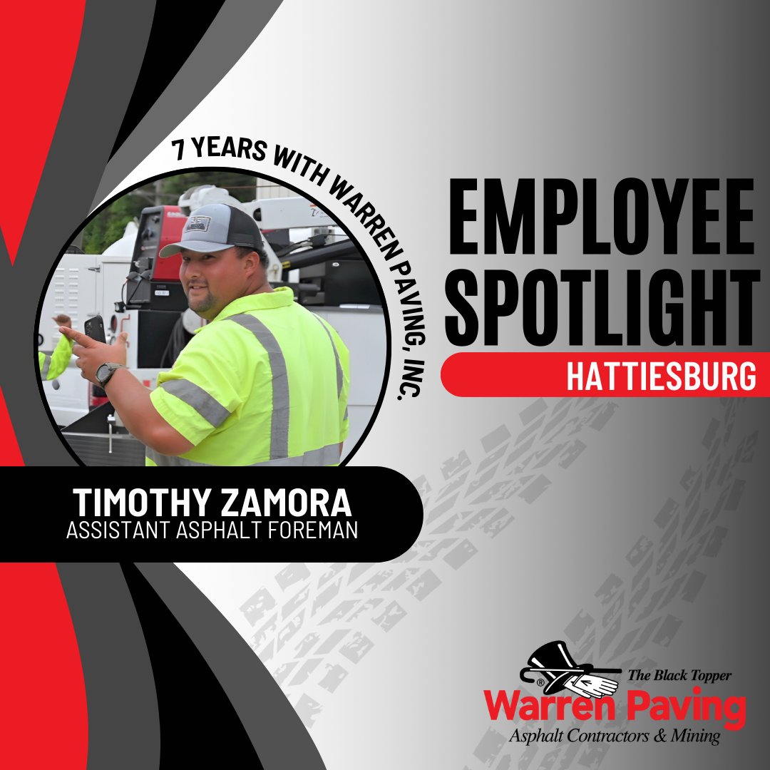 ⭐Employee Spotlight: Timothy Zamora⭐
Meet Timothy “Tim” Zamora, an Assistant Asphalt Foreman at our Hattiesburg Location! Tim consistently goes above and beyond, bringing a positive attitude and exceptional work ethic to everything he does. His dedication and leadership set a