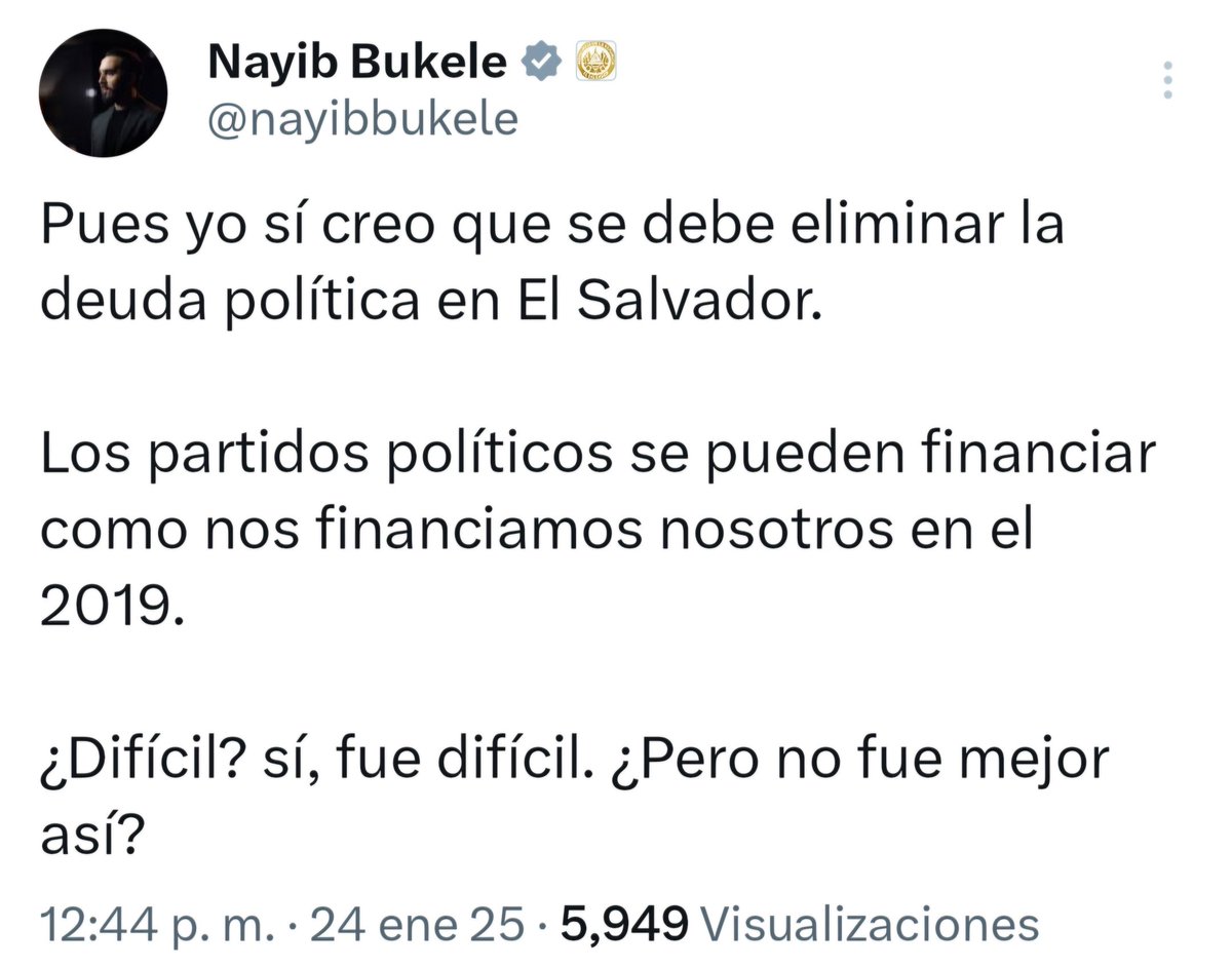 El presidente <a href="/nayibbukele/">Nayib Bukele</a> dice que que "sí cree que se debe eliminar la deuda política" en el país, que los partidos políticos pueden financiarse así como hizo Nuevas Ideas en el 2019.

Este es dinero del Estado que se entrega a los partidos, según la Ley de Partidos Políticos.