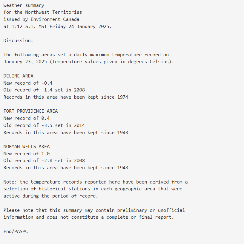Another mild day capping off a warm week in central NWT where temperatures have been 15 to 20 degrees above normal. Mild weather will continue in the Sahtu and around Great Slave Lake this weekend #ntstorm  

Summary: ow.ly/WN6P50UMOqa