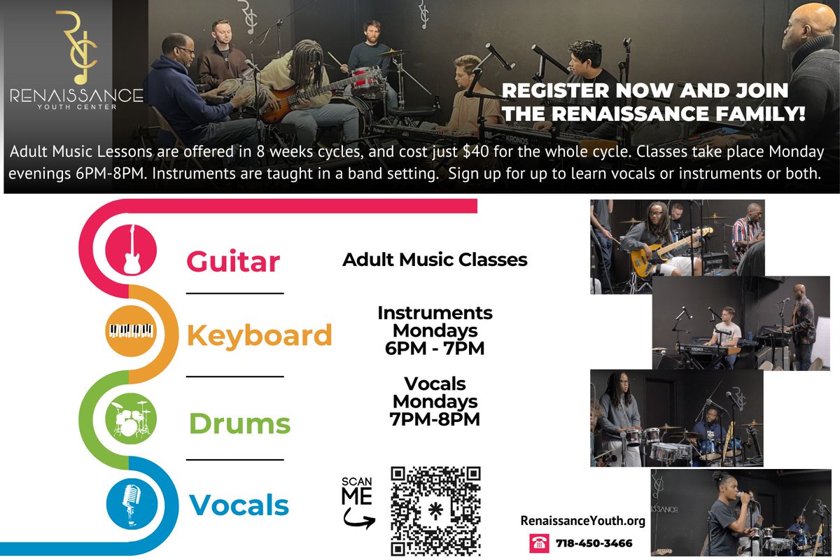 RenYouthCenter's tweet image. ***UPDATE***
Our adult music and vocal classes will now occur on Mondays from 6pm to 8pm instead of Thursdays. Sign up to learn vocals, instruments, or both!

#musicclass #adultmusicclass #class #music #vocals #keyboard #drums #guitar