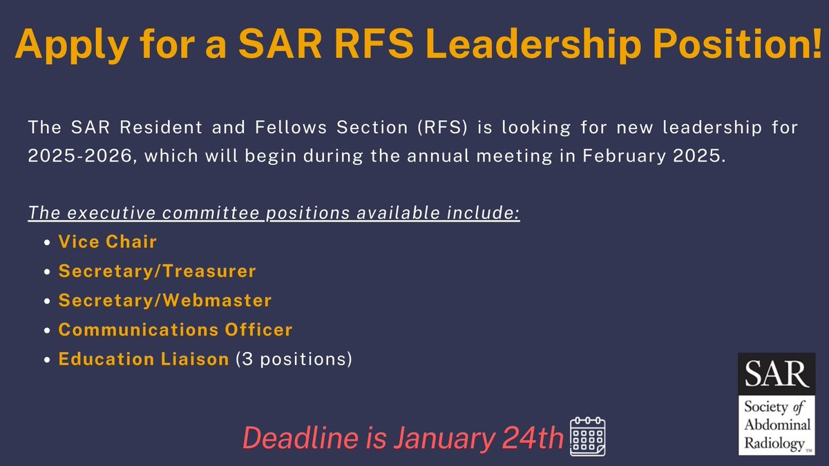SAR Resident and Fellow Section (@sar_rfs) on Twitter photo 🚀 #RadRes and #Trainees… TODAY is your LAST chance!
Apply for the 2025-26 <a href="/SAR_RFS/">SAR Resident and Fellow Section</a> leadership positions before the deadline closes.
📌 Don’t miss out—submit your application TODAY!
Apply here: forms.gle/RPPv62jPSE36Th… 🚀 #RadRes and #Trainees… TODAY is your LAST chance!
Apply for the 2025-26 <a href="/SAR_RFS/">SAR Resident and Fellow Section</a> leadership positions before the deadline closes.
📌 Don’t miss out—submit your application TODAY!
Apply here: forms.gle/RPPv62jPSE36Th…