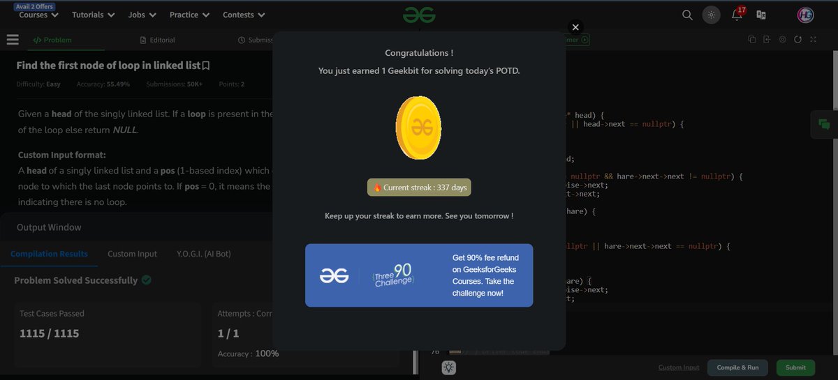 harshitgupta100's tweet photo. 🚀 Day 72 of #GfG160 Challenge 🎯
✅ Solved: Find the first node of loop in linked list
Let's keep the streak going! 💪
#gfg160  #geekstreak2024 @GeeksforGeeks https://t.co/Lt7IuJM9z8