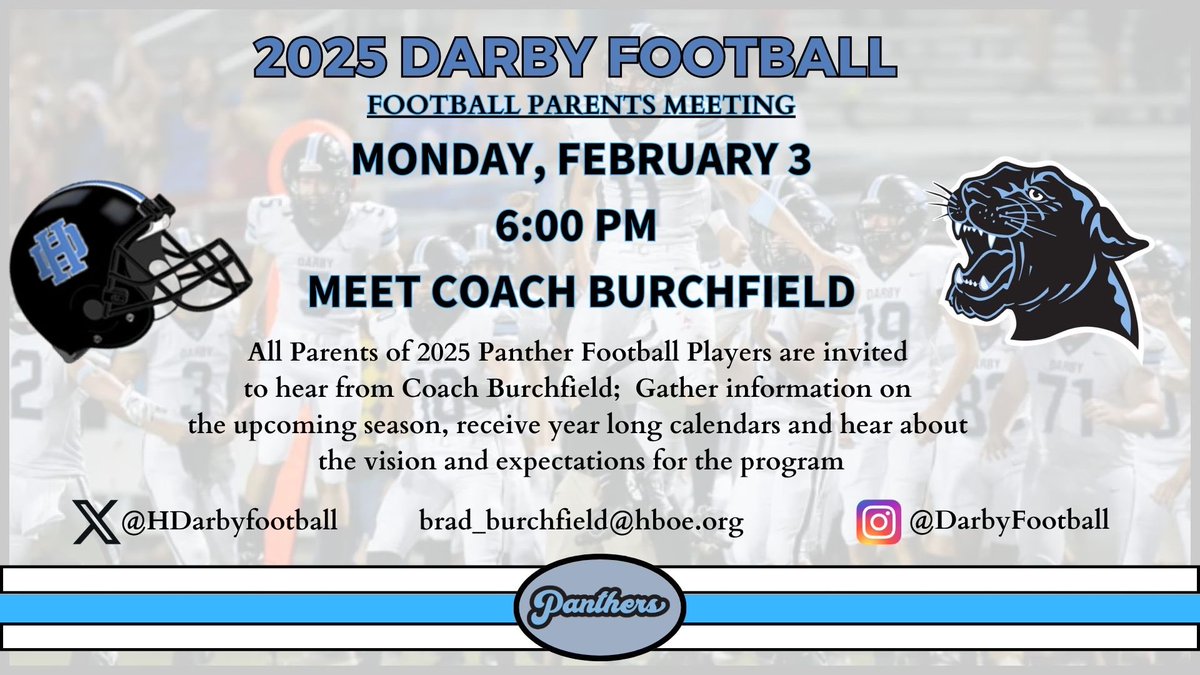 ⁦<a href="/HDABoosters/">Darby Boosters</a>⁩ ⁦<a href="/HDarbyFootball/">Hilliard Darby FB</a>⁩ ⁦<a href="/DarbyGridiron/">Darby Gridiron Club</a>⁩ ⁦<a href="/theheritagems/">Hilliard Heritage MS</a>⁩ ⁦<a href="/HilliardStation/">Hilliard Station</a>⁩ All incoming players, grades 7-12 who are interested in playing football, there is parent meeting Monday, Feb. 3rd in the PAC at Darby HS. 6:00 pm.