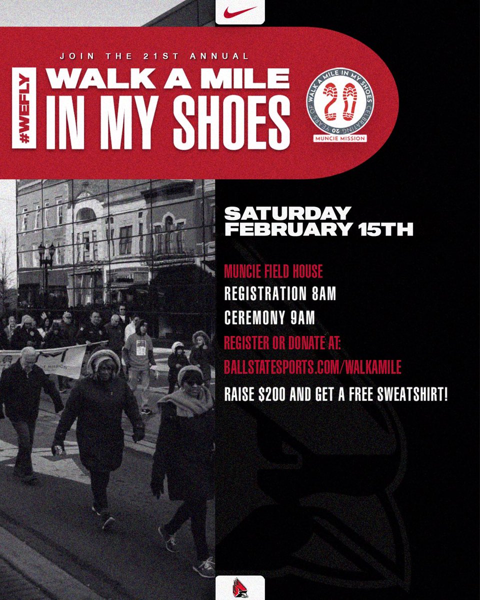 .<a href="/BallStateSAAC/">Ball State SAAC</a> is proud to partner with Muncie Mission for the annual Walk A Mile in My Shoes event. 

You can help make a difference with your support by donating at:

ballstatesports.com/walkamile 

More info ⬇️