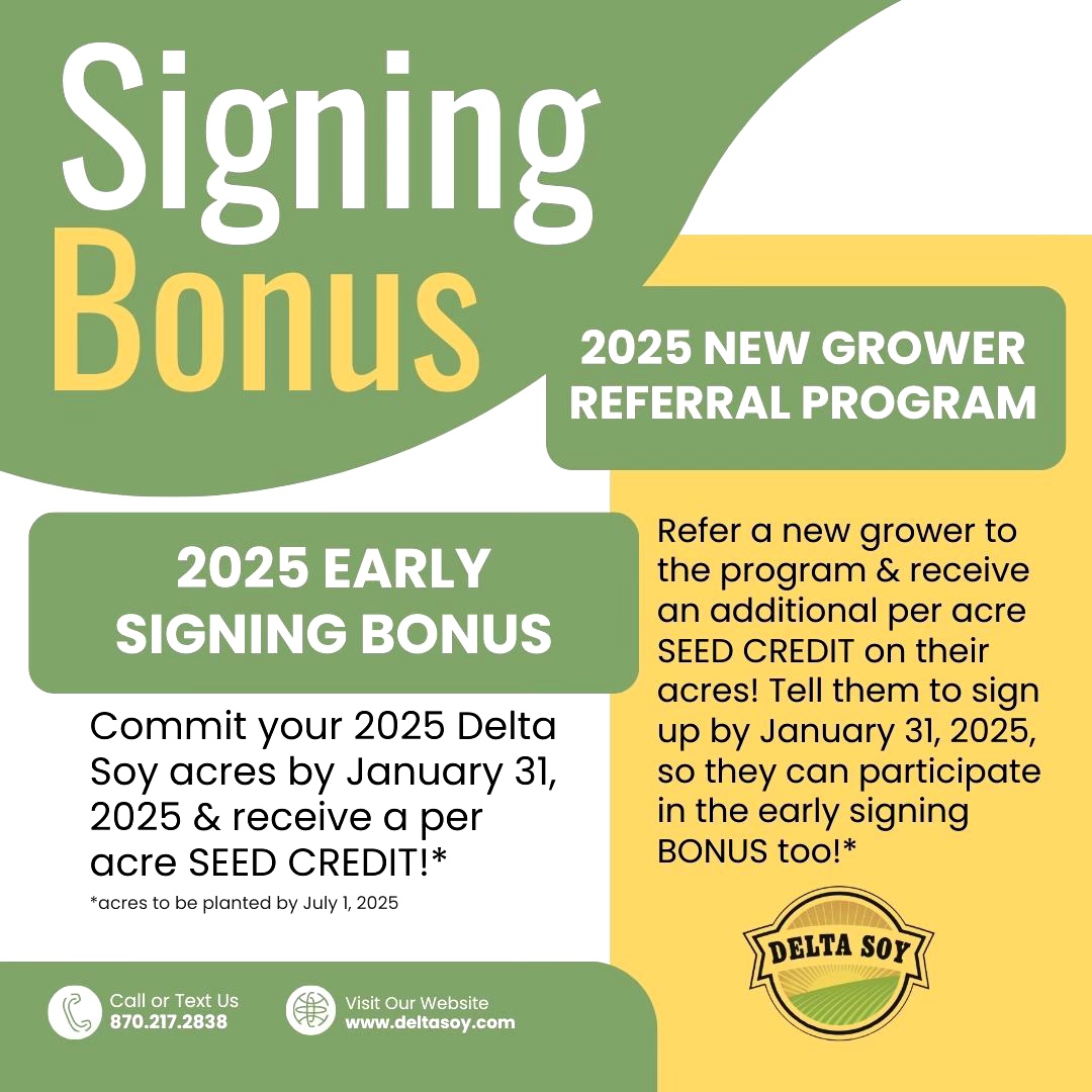 DeltaSoy's tweet image. Reduce your input costs while growing premium soybeans. With Delta Soy’s Early Signing Bonus, you’ll earn a per acre seed credit when you commit by January 31, 2025. Add even more savings with our Referral Program!

This is your chance to plant smarter AND save big. Contact us...