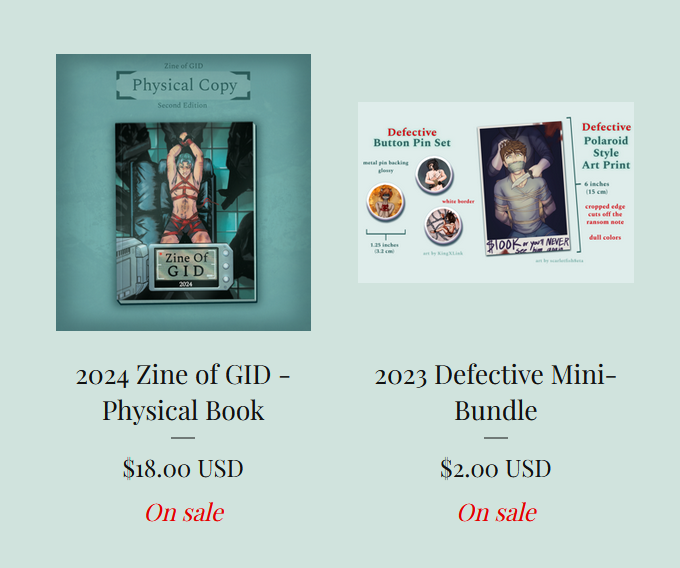 Are you looking for a copy of the 2024 edition at a discounted price? What about discounted merch? Well, we've got some great news. If you don't mind a few little defects, we're selling our defective 2024 zines and 2023 merch at a discounted price!

zineofgid.bigcartel.com/category/defec…