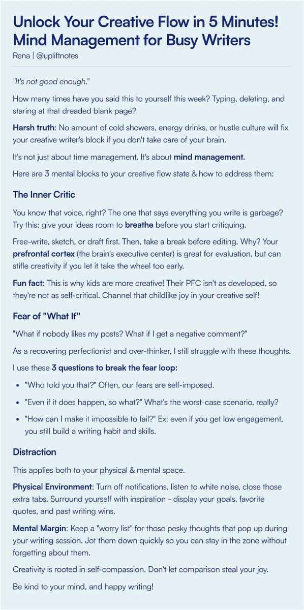 uplift_notes's tweet image. Unlock Your Creative Flow in 5 Minutes!

Mind Management for Busy Writers ⬇️