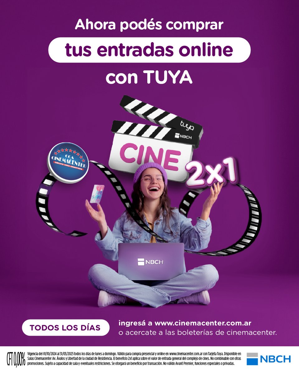 bancodelchaco's tweet image. ¡Disfrutá el 2x1 con Tarjeta Tuya y viví la magia del cine! 🎬🍿
📍 Válido en @cinemacenterarg.
👉 Más info: hacé clic en nbch.com.ar/promociones y conocé todos los detalles.

💳 #NBCH ¡No hay tarjeta como la #Tuya! 💙