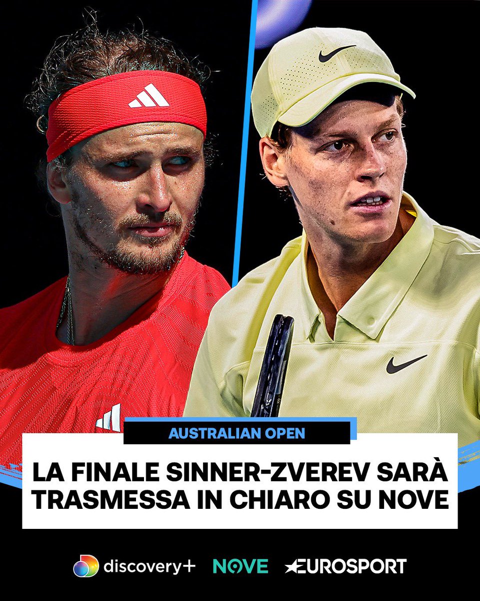 Eurosport_IT's tweet photo. 🎾 Un grande regalo per tutti gli italiani e appassionati di tennis!

La finale degli Australian Open tra Jannik Sinner e Alexander Zverev sarà trasmessa in chiaro anche su @nove ! 🍿

📅 Appuntamento a domenica 26 gennaio dalle 9:00 (ora italiana)! https://t.co/jSOo0h5eaB