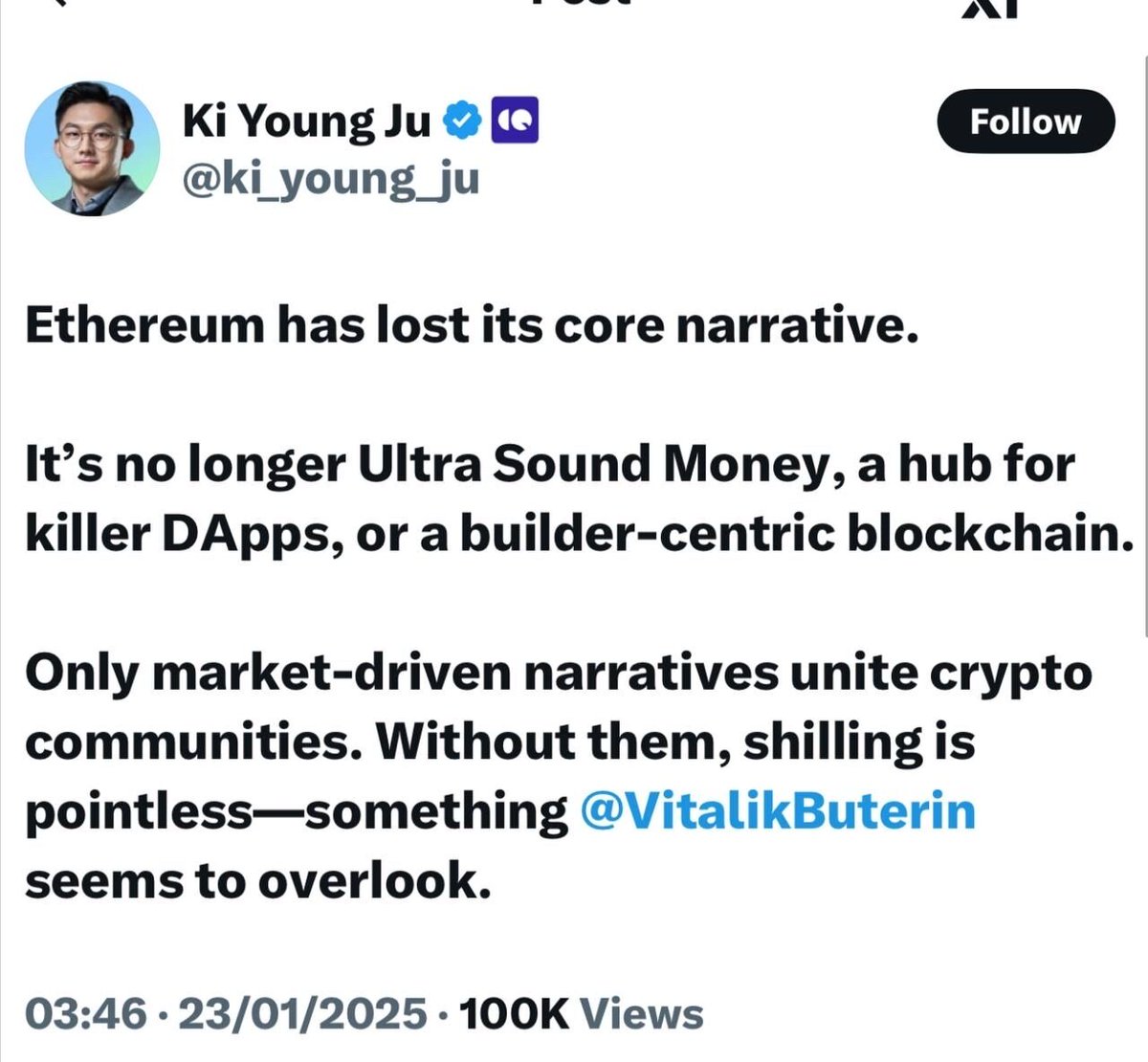 🚨 JUST IN: The CEO of CryptoQuant believes Ethereum is no longer seen as  “ultra sound money” or a platform for killer dApps. He argues that Ethereum  is losing ground due to