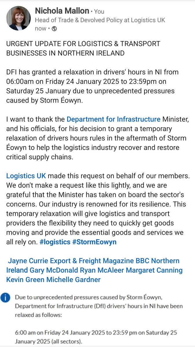 Nichola Mallon (@nicholamallon) on Twitter photo URGENT #StormÉowyn update for #logistics #transport businesses in NI. <a href="/deptinfra/">Department for Infrastructure</a> Minister <a href="/JohnODowdSF/">John O' Dowd</a> has granted Logistics UK's request for a relaxation of drivers' hours to help the industry recover & restore critical supply chains. <a href="/LogisticsUKNews/">Logistics UK</a> URGENT #StormÉowyn update for #logistics #transport businesses in NI. <a href="/deptinfra/">Department for Infrastructure</a> Minister <a href="/JohnODowdSF/">John O' Dowd</a> has granted Logistics UK's request for a relaxation of drivers' hours to help the industry recover & restore critical supply chains. <a href="/LogisticsUKNews/">Logistics UK</a>