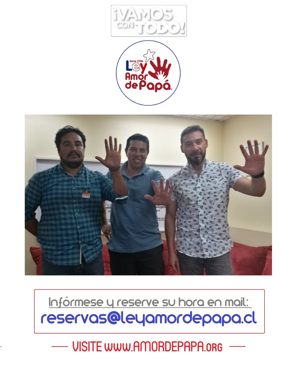 AmordePapa's tweet photo. TODOS ELLOS FELICES Y EMPODERADOS TRAS HABERSE CAPACITADO EN NUESTRA #LEYAMORDEPAPÁ

Ahora lo esperamos a usted, escríbanos al mail: reservas@leyamordepapa.cl

¿HASTA CUÁNDO ESPERARÁ PARA DEFENDER LOS DERECHOS DE SUS HIJOS?

https://t.co/JvIp16yZ1n

¡VAMOS CON TODO!

@AmordePapa https://t.co/BaJxJeBkWm
