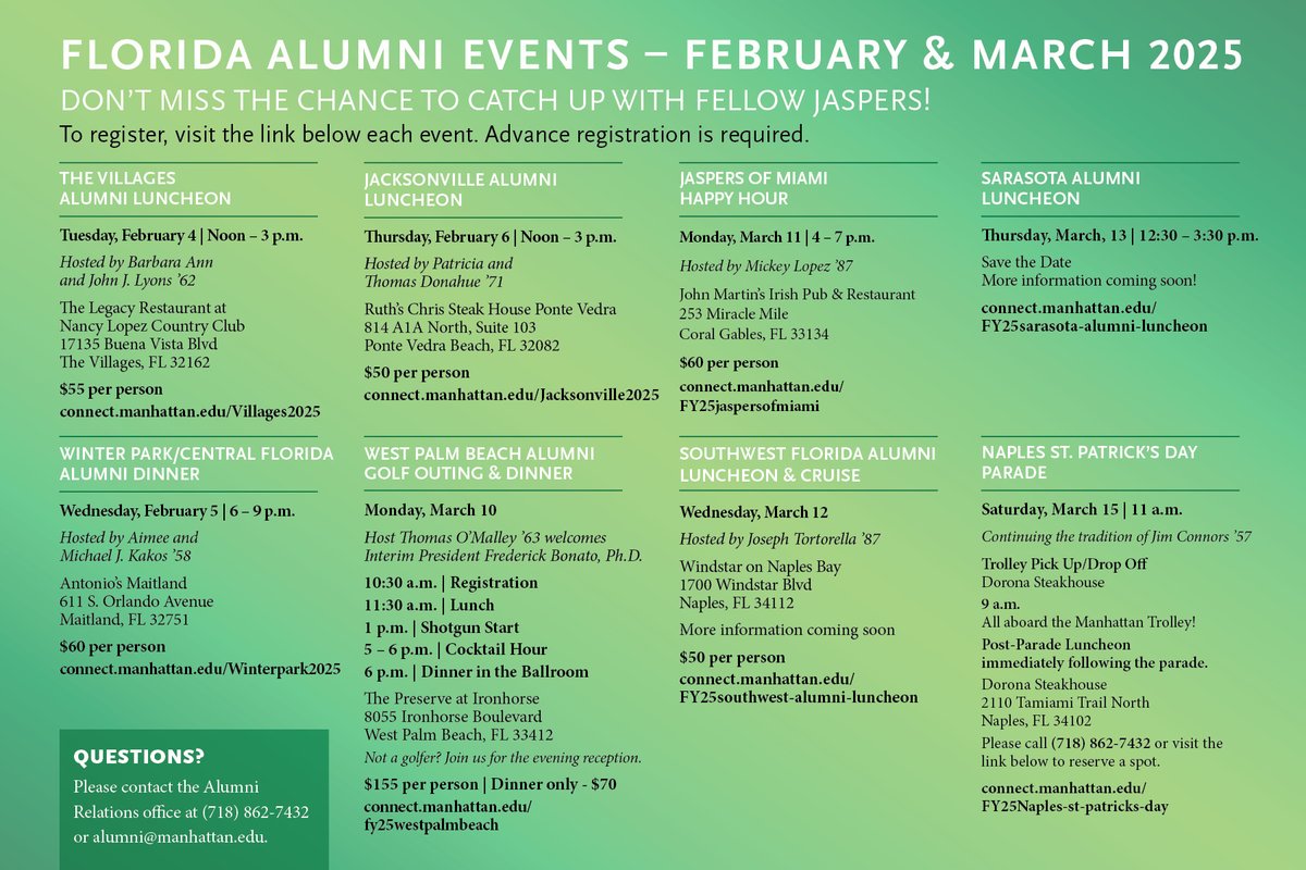JasperAlum's tweet photo. We’re thrilled to announce that Manhattan University is heading back to the Sunshine State in 2025! ☀️🏖️ 
Join us for a series of exciting events to reconnect, celebrate, and hear about all the amazing updates happening back in Riverdale💚
🔗https://t.co/O1JgwMQGTE https://t.co/z2Tx62BNbS