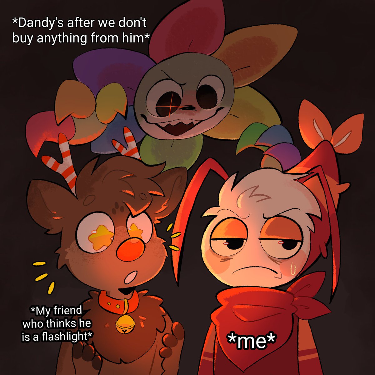 Sometimes dandy's sells only unnecessary things 💀

I made a version with and without text JFKD😭

#dandysworld #dandysworldfanart #dandysworldart #Rudie #shrimpo #dandys #art