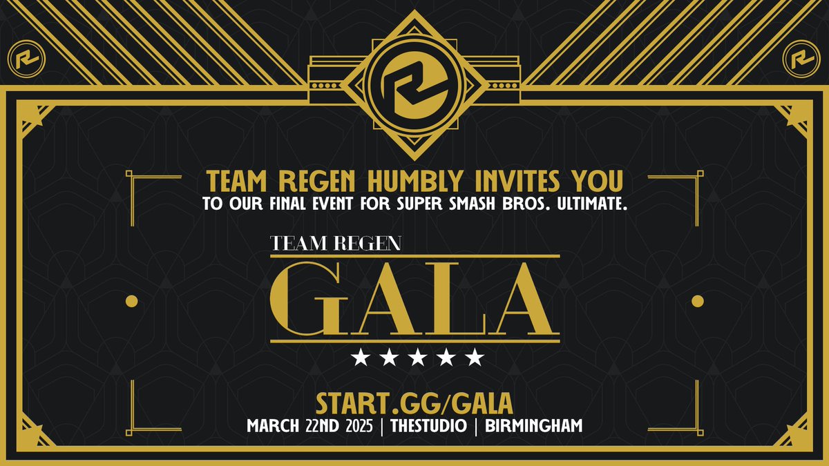 You've been invited to join us for a day of celebration!

Introducing our newest event: Gala! ⭐️

⏰ 22/03/25 @ The Studio, Birmingham
⚔️ Feat.: Smash Ultimate, Rivals 2, and the 3rd iteration of the Smash UK Awards hosted LIVE!

Signups go live NEXT FRIDAY!

More details below!