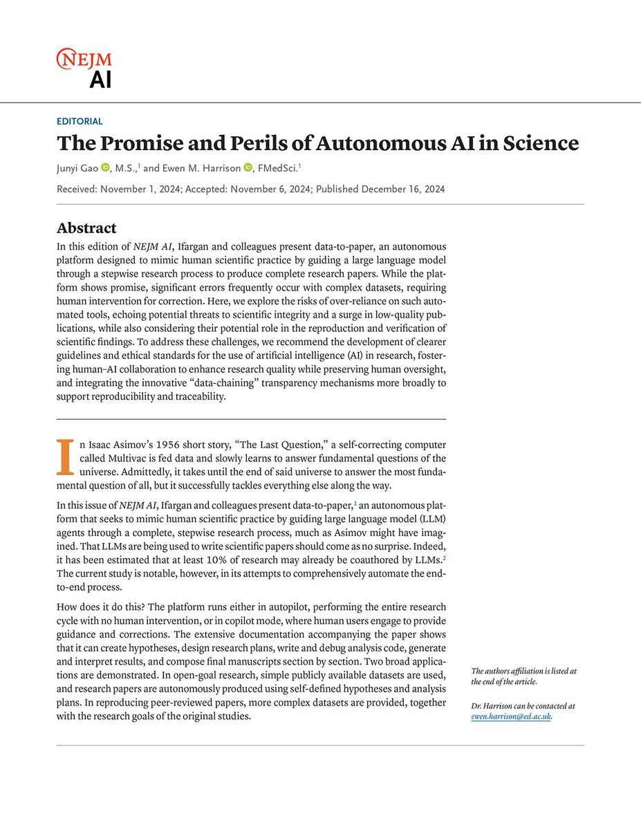 NEJM AI (@nejm_ai) on Twitter photo Editorial by Junyi Gao, MS, and <a href="/ewenharrison/">Prof Ewen Harrison</a>, FMedSci: The Promise and Perils of Autonomous AI in Science nejm.ai/4a6LwHo
#ArtificialIntelligence Editorial by Junyi Gao, MS, and <a href="/ewenharrison/">Prof Ewen Harrison</a>, FMedSci: The Promise and Perils of Autonomous AI in Science nejm.ai/4a6LwHo
#ArtificialIntelligence