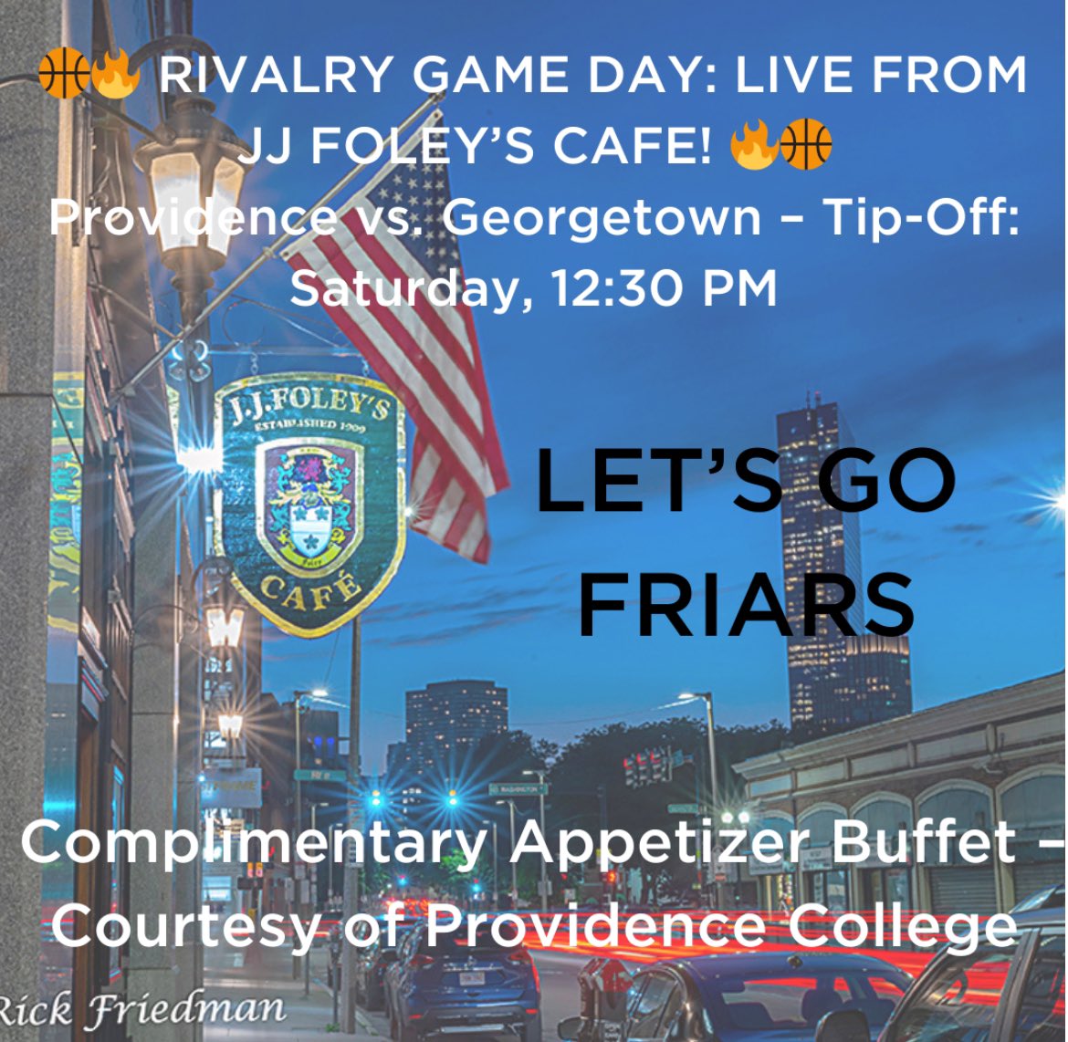 Join us tomorrow at JJ Foley’s for the big game, along with the rest of the 2-3% of Patriots who know how to properly cheer on the Friars! 🍻 Complimentary appetizer buffet