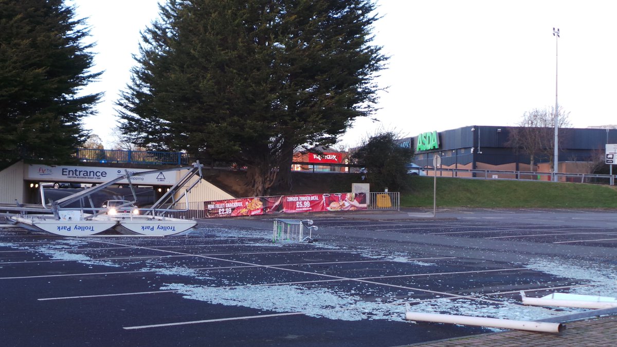 Simply Belfast (@simply_belfast) on Twitter photo Trolley bay at Ards Shopping Centre sent flying into the air after a hit from #StormEowyn - Photos Courtesy of Simply Belfast - <a href="/BBCNewsNI/">BBC News NI</a> <a href="/barrabest/">Barra Best</a> <a href="/deptinfra/">Department for Infrastructure</a> <a href="/NIElectricity/">NIE Networks</a> <a href="/Belfastcc/">Belfast City Council</a> Trolley bay at Ards Shopping Centre sent flying into the air after a hit from #StormEowyn - Photos Courtesy of Simply Belfast - <a href="/BBCNewsNI/">BBC News NI</a> <a href="/barrabest/">Barra Best</a> <a href="/deptinfra/">Department for Infrastructure</a> <a href="/NIElectricity/">NIE Networks</a> <a href="/Belfastcc/">Belfast City Council</a>