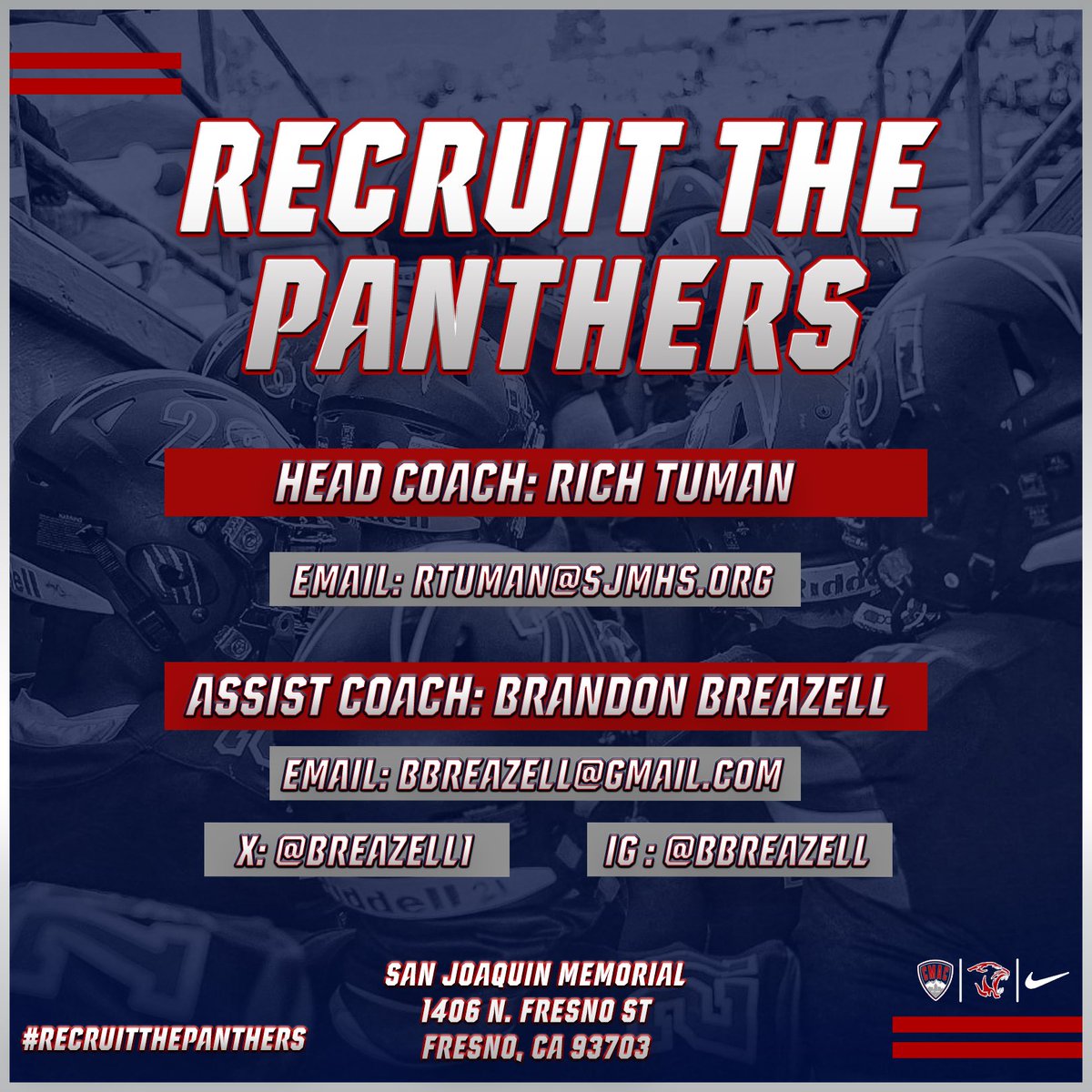 ATTENTION all college coaches and recruiters!! Please send an email or DM’s to Rich Tuman (Head Coach) or <a href="/Breazell1/">Brandon Breazell</a> (Assistant Coach) for more information about our athletes! 

#SJMFootball | #RecruitThePanthers
