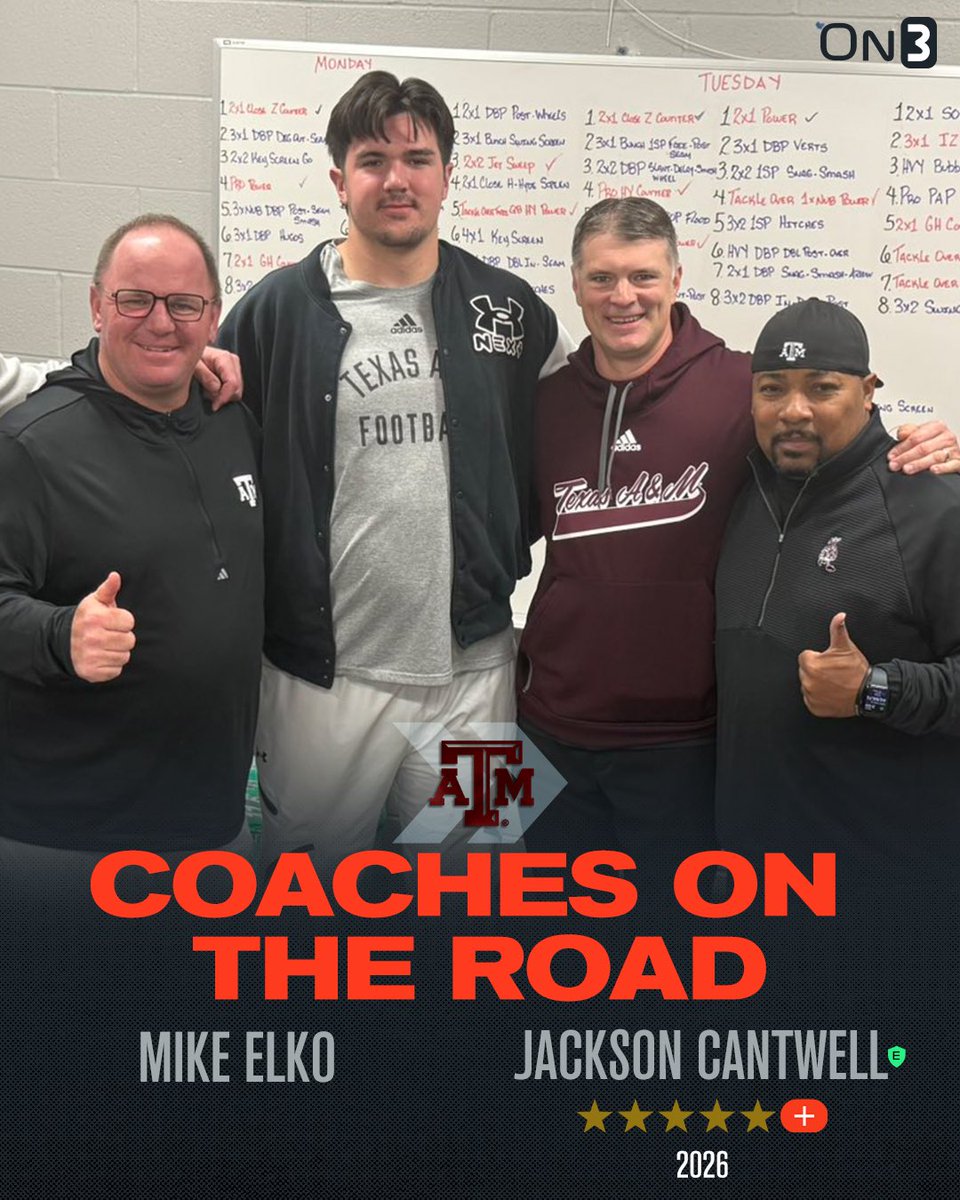 Rivals's tweet photo. Texas A&amp;M head coach Mike Elko and assistants visited 2026 No. 1 overall recruit Jackson Cantwell👍

Read: https://t.co/tEnWjvDctN https://t.co/RDQwHRhD4f