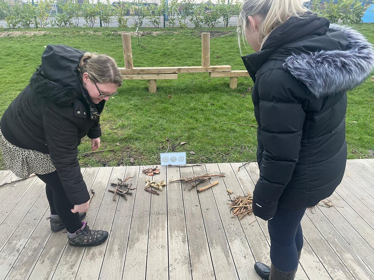 RockinghamJI's tweet photo. Mr Purshouse led staff meeting this week by trying some of his sessions to show different ways on how to use our Forest School, even in sludgy conditions. We followed an orienteering course based on The Gruffalo story, made mandalas out of nature and recreated nets of 3d shapes. https://t.co/RU6aJl7Clp