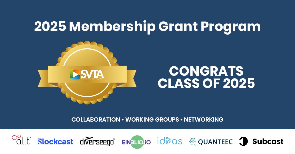 TheSVTA's tweet photo. 🌟 Meet our 2025 class of Membership Grant recipients 🌟

Welcome @DiverseegoTV, @EINBLIQ_IO, @QuanteecTech and @Subcasters, and welcome back for another year to @allt_social, @BlockcastNet and @id3ascompany!

The SVTA Grant Program was started in 2018 to help smaller companies bring their innovative #streamingtech into our working groups and projects without financial encumbrances, benefiting both the Alliance and the industry by infusing our work with bleeding-edge ideas. It also allows Grant companies unfettered access to our other members – large and small – with whom they might want to engage.

Read more about our newest members here ▶️ https://t.co/EGMEpsipkZ

#innovation #collaboration