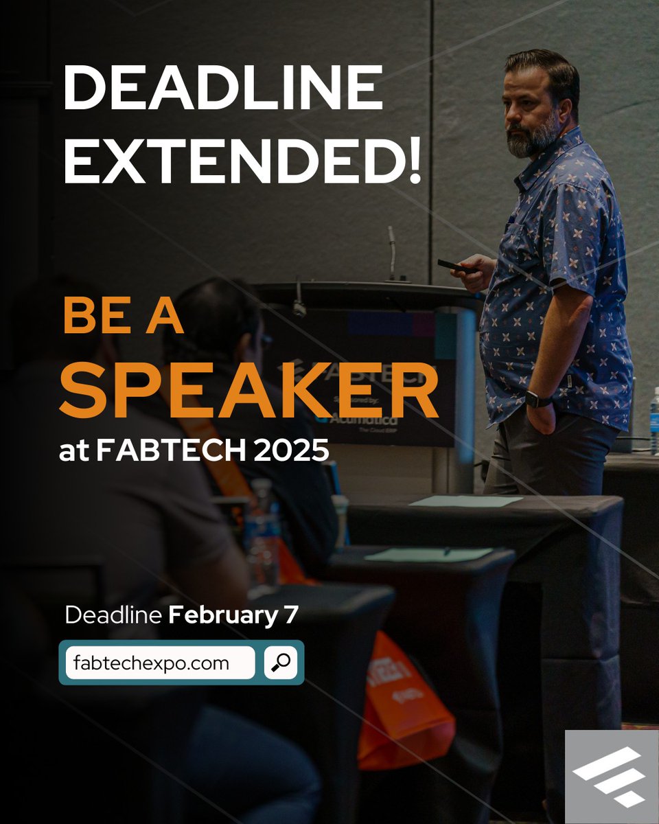 FabtechExpo's tweet image. You asked, and we listened! The deadline has been extended to February 7. Submit your proposals and showcase your expertise. We can’t wait to see you in Chicago! 📢 

#FABTECH2025 #conferences #fabricating #forming #welding #finishing #callforspeakers