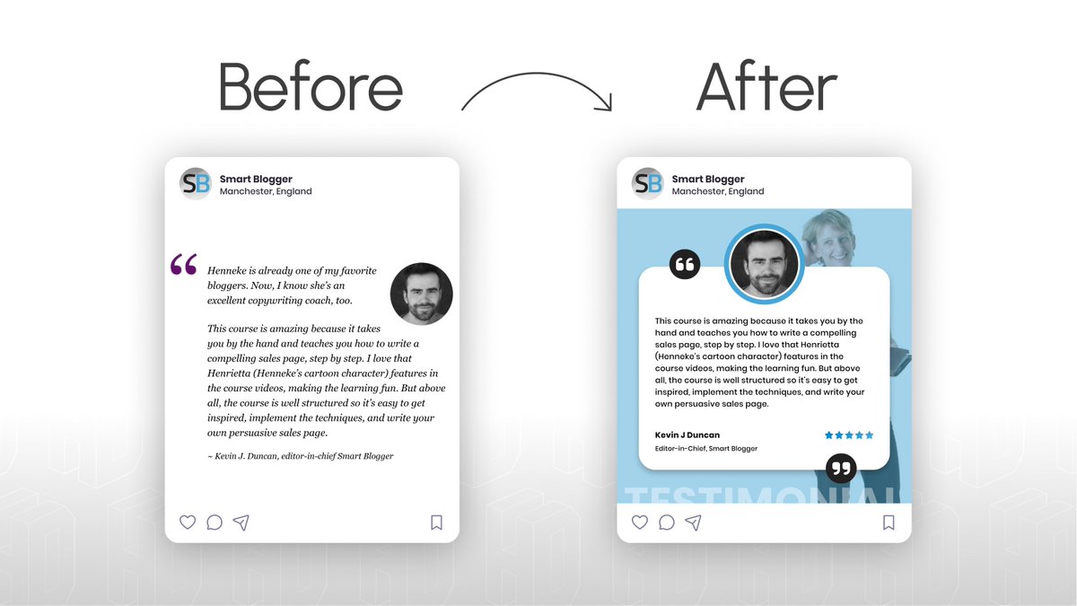 heffdzns's tweet photo. A testimonial social post redesign.

Before ➜ After https://t.co/Lz4H1gEmvb