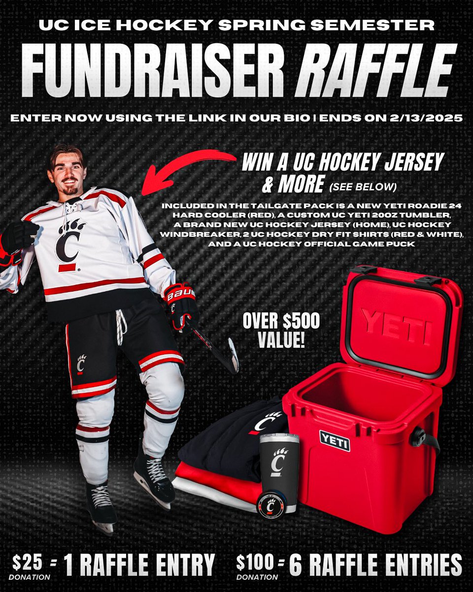 UCIceHockey's tweet photo. It’s officially time for our Spring Semester Fundraiser Raffle! Donate for your chance to win the Tailgate Pack featuring the items listed/show. Enter &amp; find more information using the link in our bio. Final day to donate is 2/13. 

#1Team1Mission https://t.co/rC2MuFMjT3