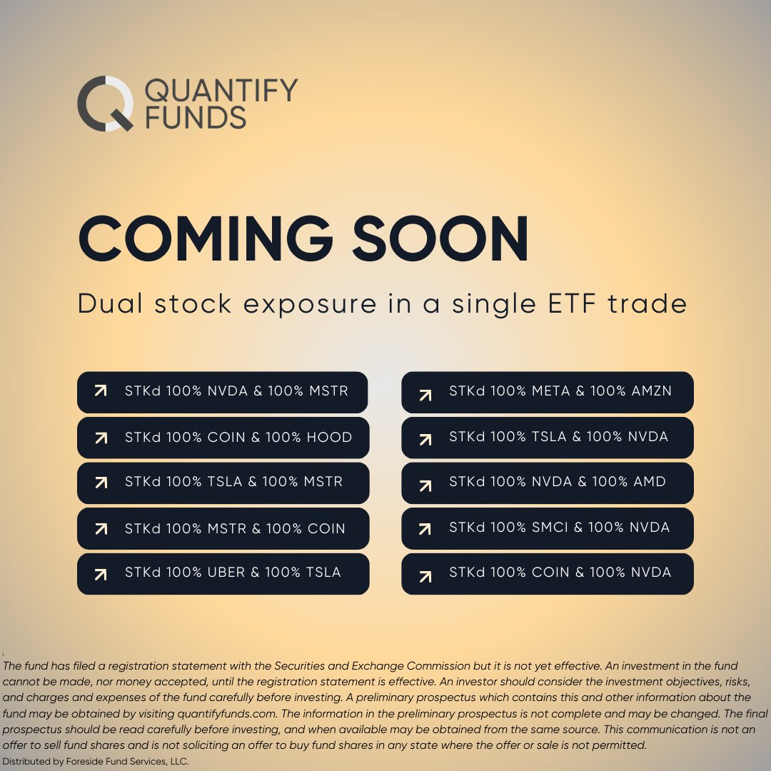 quantifyfunds's tweet photo. Watch this space for the reveal 👀
BIG NEWS: Our family of ETFs is expanding with 10      
new single stock offerings. Read the pre-effective prospectus @ https://t.co/siCtFPnIH2 #STKd #QuantifyFunds #QuantifyChaos #Nasdaq #ETFs https://t.co/gB1Ix1WSmH